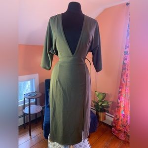 Rare London brand, khaki, deep-v plunge, kimono sleeve, tie back dress UK14/US10